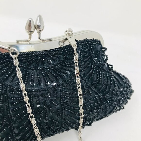 Black Beaded Silver Kisslock Frame Chain Shoulder Evening Bag Purse - Picture 2 of 5